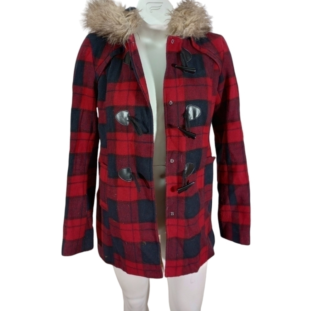 Buttons Plaid Peacoat with Faux Fur Hoodie Size Large
